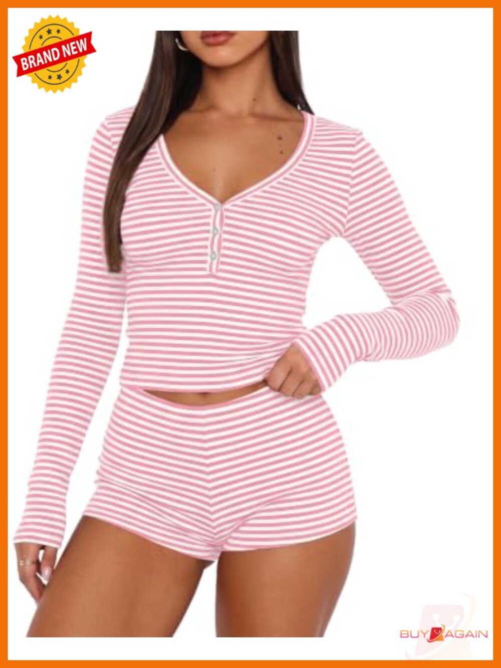 Women 2 Piece Striped Lounge Set Long Sleeve Henley Crop Top Shorts Pajama